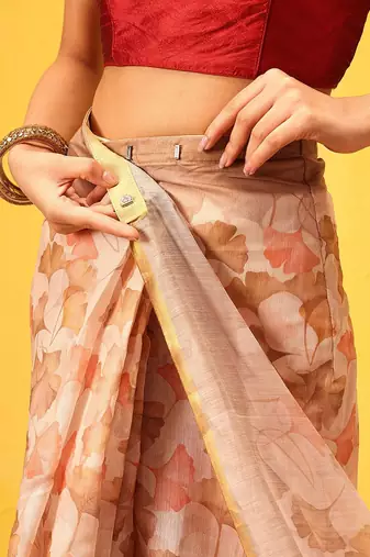 Beige printed cotton blend ethnic saree with blouse piece