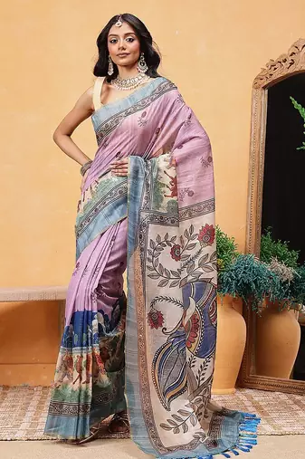 Pink printed cotton blend ethnic saree with blouse piece