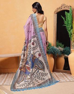 Pink printed cotton blend ethnic saree with blouse piece 3