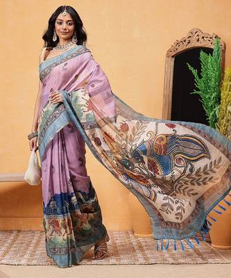Pink printed cotton blend ethnic saree with blouse piece 4