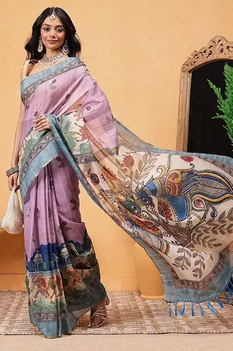 Pink printed cotton blend ethnic saree with blouse piece