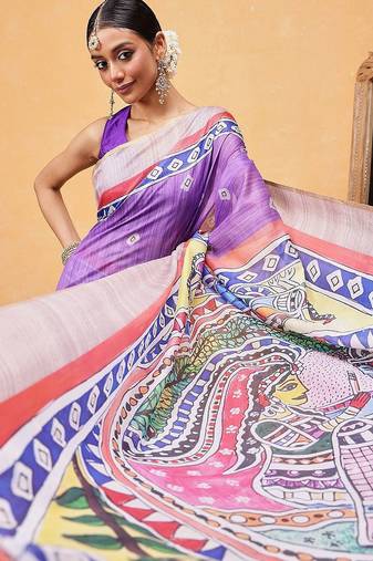 Purple printed cotton blend ethnic saree with blouse piece