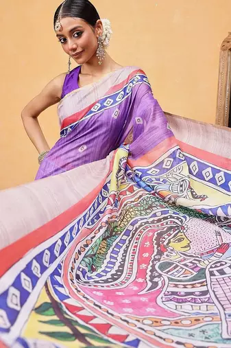 Purple printed cotton blend ethnic saree with blouse piece