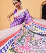 Purple printed cotton blend ethnic saree with blouse piece