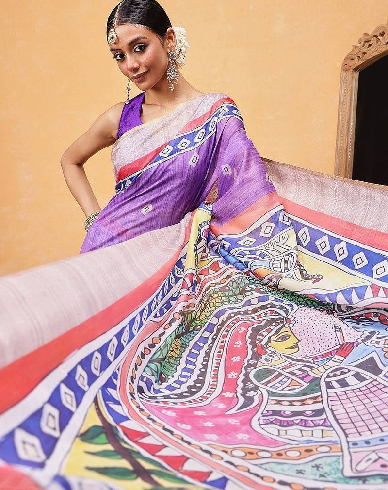 Purple printed cotton blend ethnic saree with blouse piece
