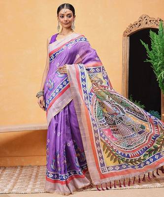 Purple printed cotton blend ethnic saree with blouse piece 2
