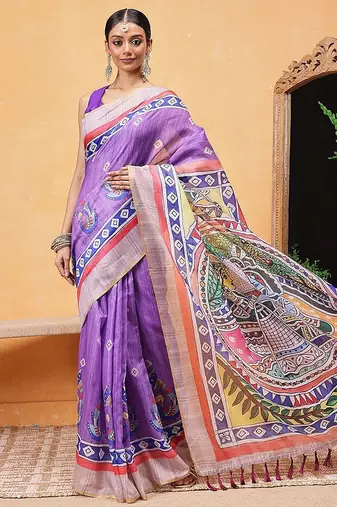 Purple printed cotton blend ethnic saree with blouse piece