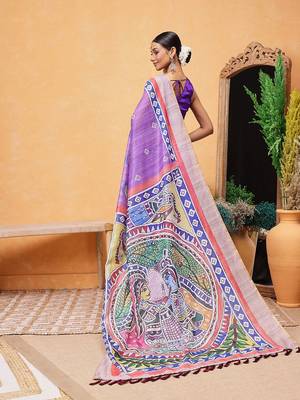 Purple printed cotton blend ethnic saree with blouse piece 3