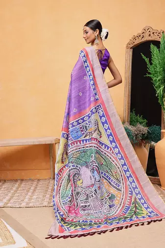Purple printed cotton blend ethnic saree with blouse piece
