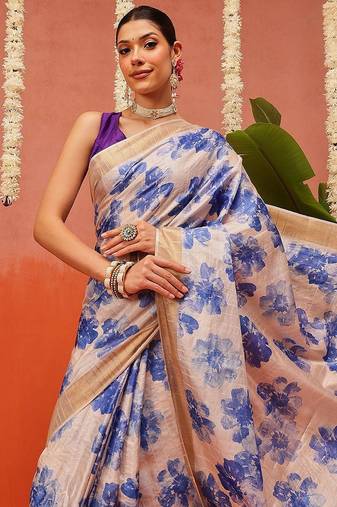 Off white printed silk blend ethnic saree with blouse piece