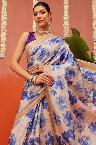 Off white printed silk blend ethnic saree with blouse piece
