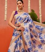 Off white printed silk blend ethnic saree with blouse piece