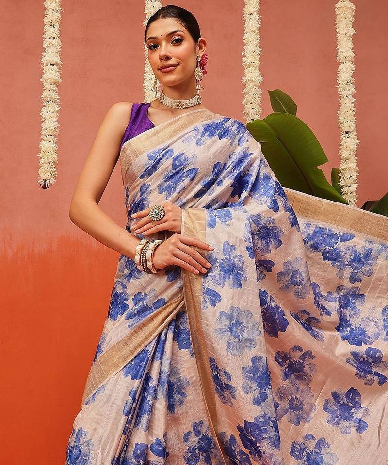 Off white printed silk blend ethnic saree with blouse piece