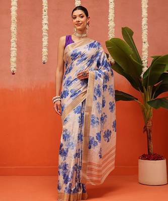 Off white printed silk blend ethnic saree with blouse piece 2