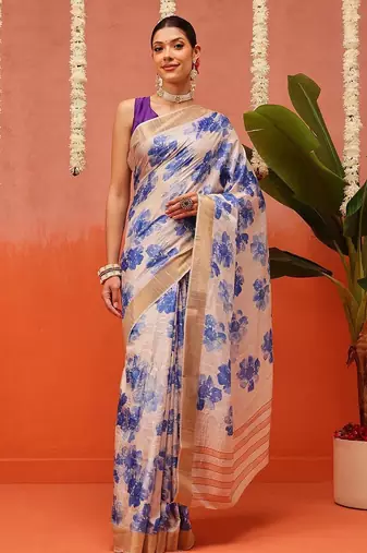 Off white printed silk blend ethnic saree with blouse piece