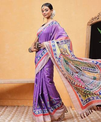 Purple printed cotton blend ethnic saree with blouse piece 4