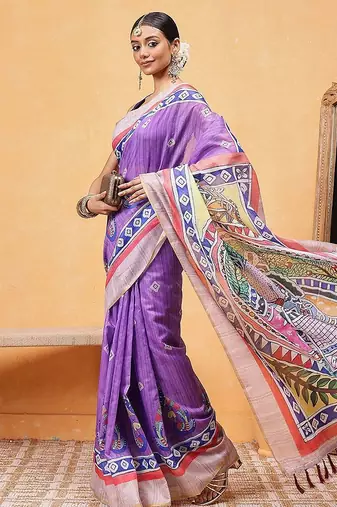 Purple printed cotton blend ethnic saree with blouse piece