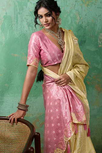 yellow & pink cotton silk blend saree for women - festive wedding party wear ethnic saree