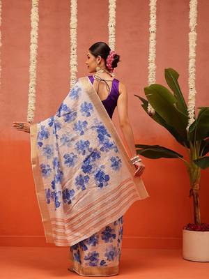 Off white printed silk blend ethnic saree with blouse piece 3