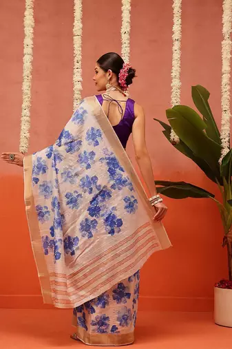 Off white printed silk blend ethnic saree with blouse piece