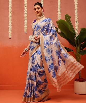 Off white printed silk blend ethnic saree with blouse piece 4