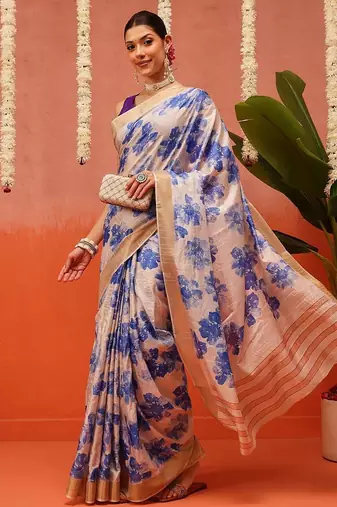 Off white printed silk blend ethnic saree with blouse piece