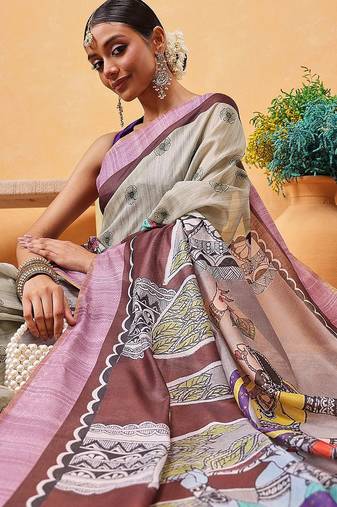 Grey printed cotton blend ethnic saree with blouse piece