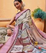 Grey printed cotton blend ethnic saree with blouse piece