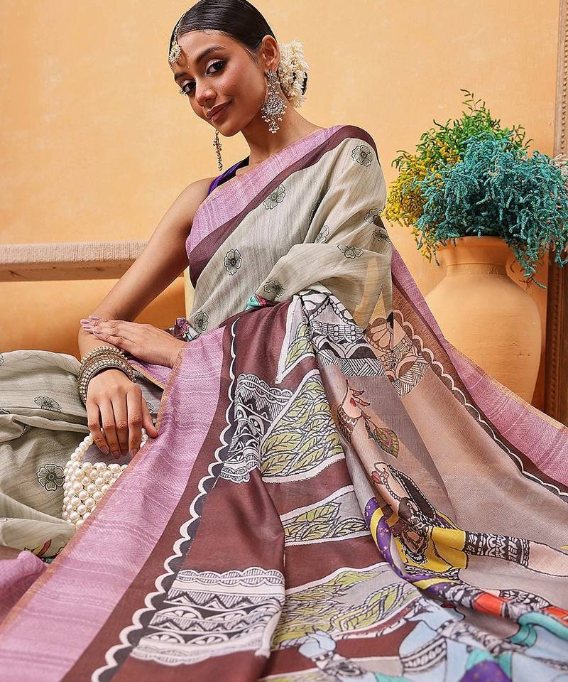 Grey printed cotton blend ethnic saree with blouse piece