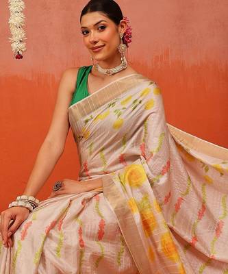 Beige printed silk blend ethnic saree with blouse piece 1