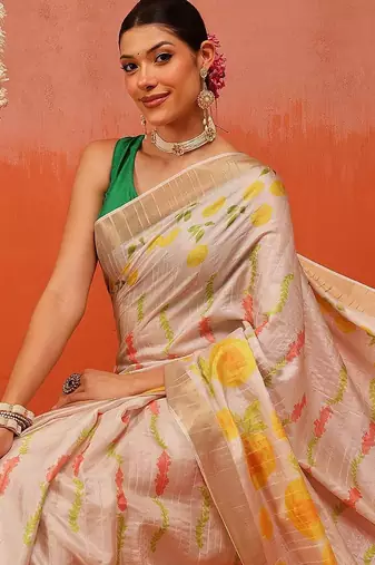 Beige printed silk blend ethnic saree with blouse piece