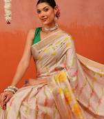 Beige printed silk blend ethnic saree with blouse piece