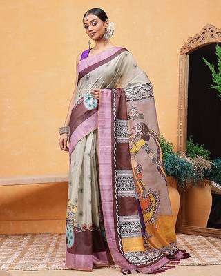 Grey printed cotton blend ethnic saree with blouse piece 2