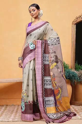 Grey printed cotton blend ethnic saree with blouse piece