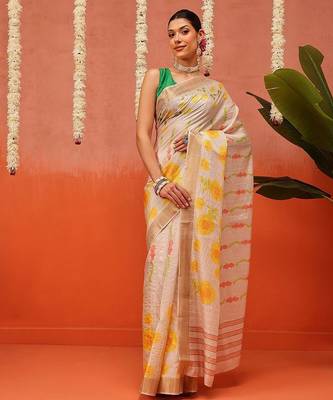 Beige printed silk blend ethnic saree with blouse piece 2