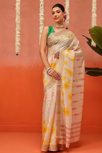 Beige printed silk blend ethnic saree with blouse piece