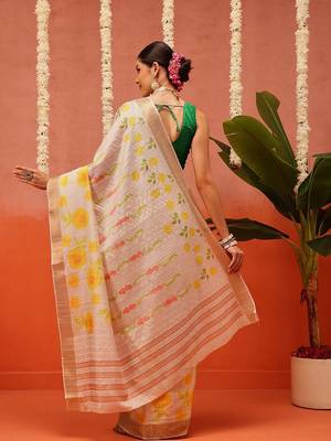 Beige printed silk blend ethnic saree with blouse piece 3