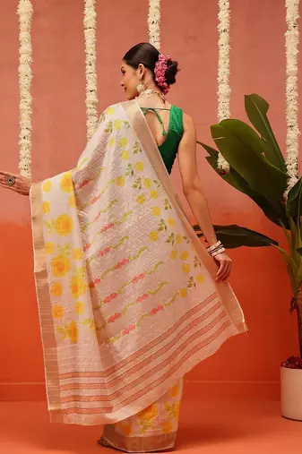 Beige printed silk blend ethnic saree with blouse piece