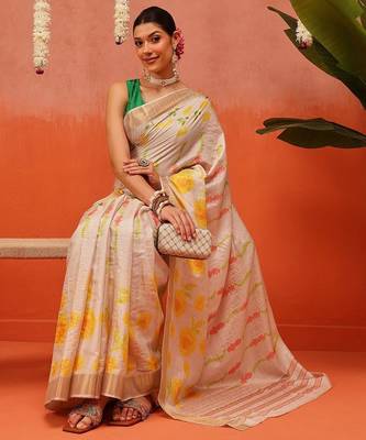 Beige printed silk blend ethnic saree with blouse piece 4