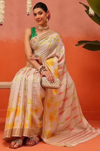 Beige printed silk blend ethnic saree with blouse piece