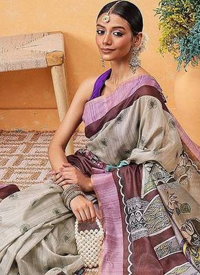 Grey printed cotton blend ethnic saree with blouse piece 4