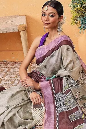 Grey printed cotton blend ethnic saree with blouse piece
