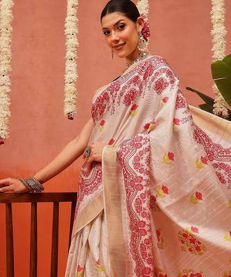 Beige printed silk blend ethnic saree with blouse piece 1