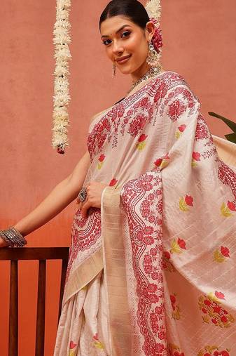 Beige printed silk blend ethnic saree with blouse piece