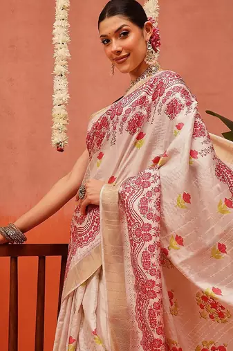 Beige printed silk blend ethnic saree with blouse piece