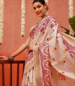 Beige printed silk blend ethnic saree with blouse piece