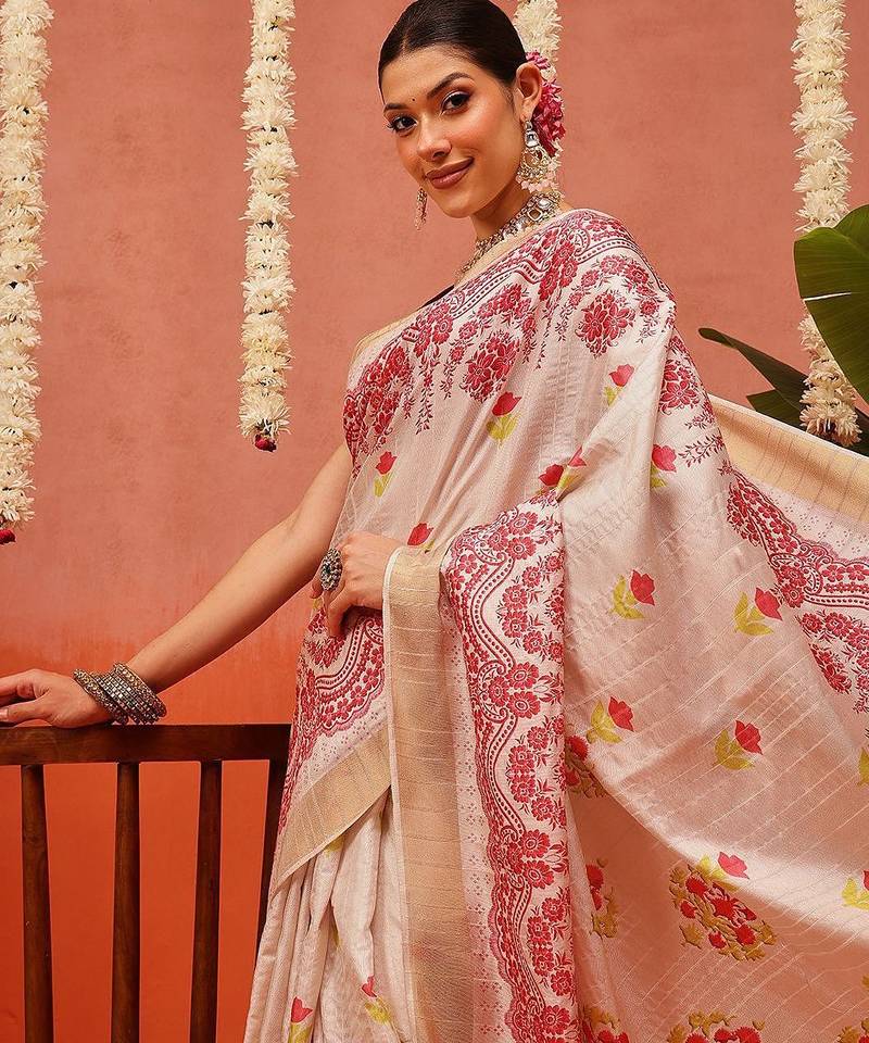 Beige printed silk blend ethnic saree with blouse piece