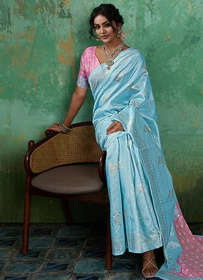 sky blue & pink cotton silk blend saree for women - festive wedding party wear ethnic saree 4
