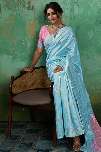 sky blue & pink cotton silk blend saree for women - festive wedding party wear ethnic saree