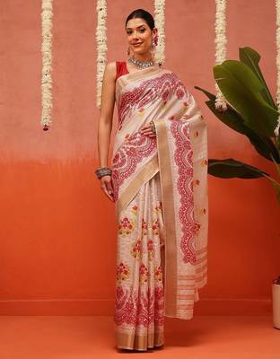 Beige printed silk blend ethnic saree with blouse piece 2